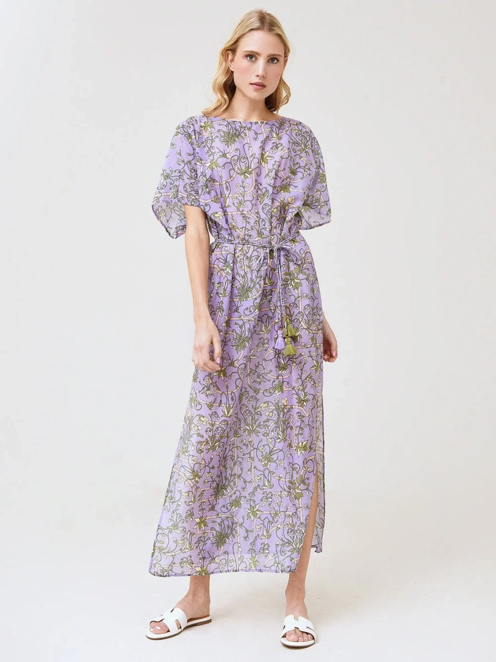 Tory Burch Fora Print Lilac Garden Long Maxi Kaftan Cotton Silk Dress XL